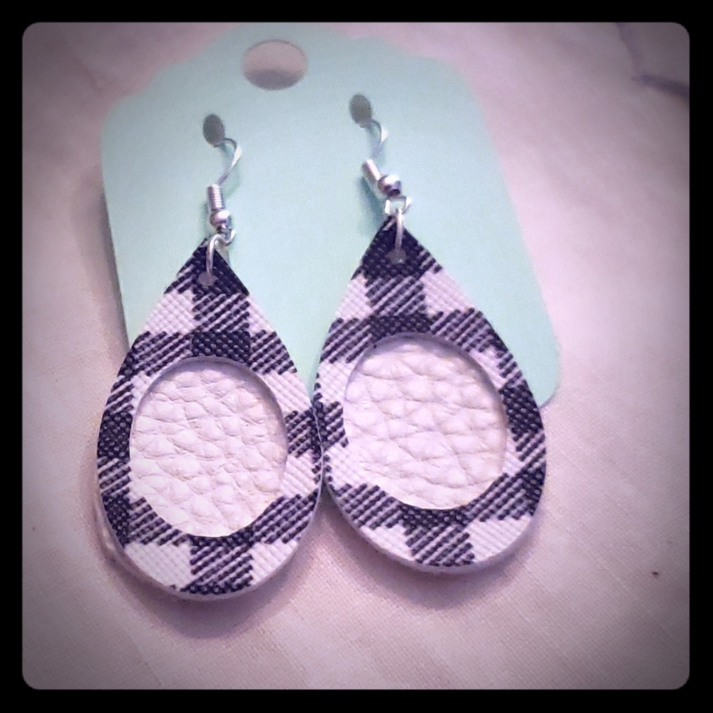 Faux Leather Black Plaid Teardrop Earrings